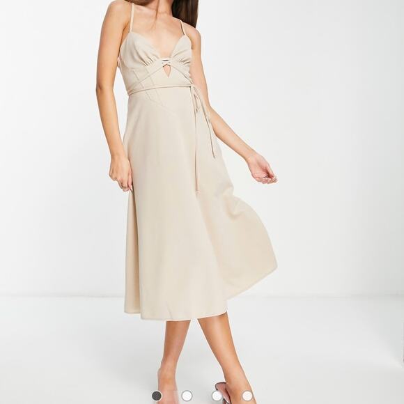 ASOS DESIGN Strappy Cupped Skater Midi Dress Natural Stone Size 10 Open Back - Picture 3 of 12